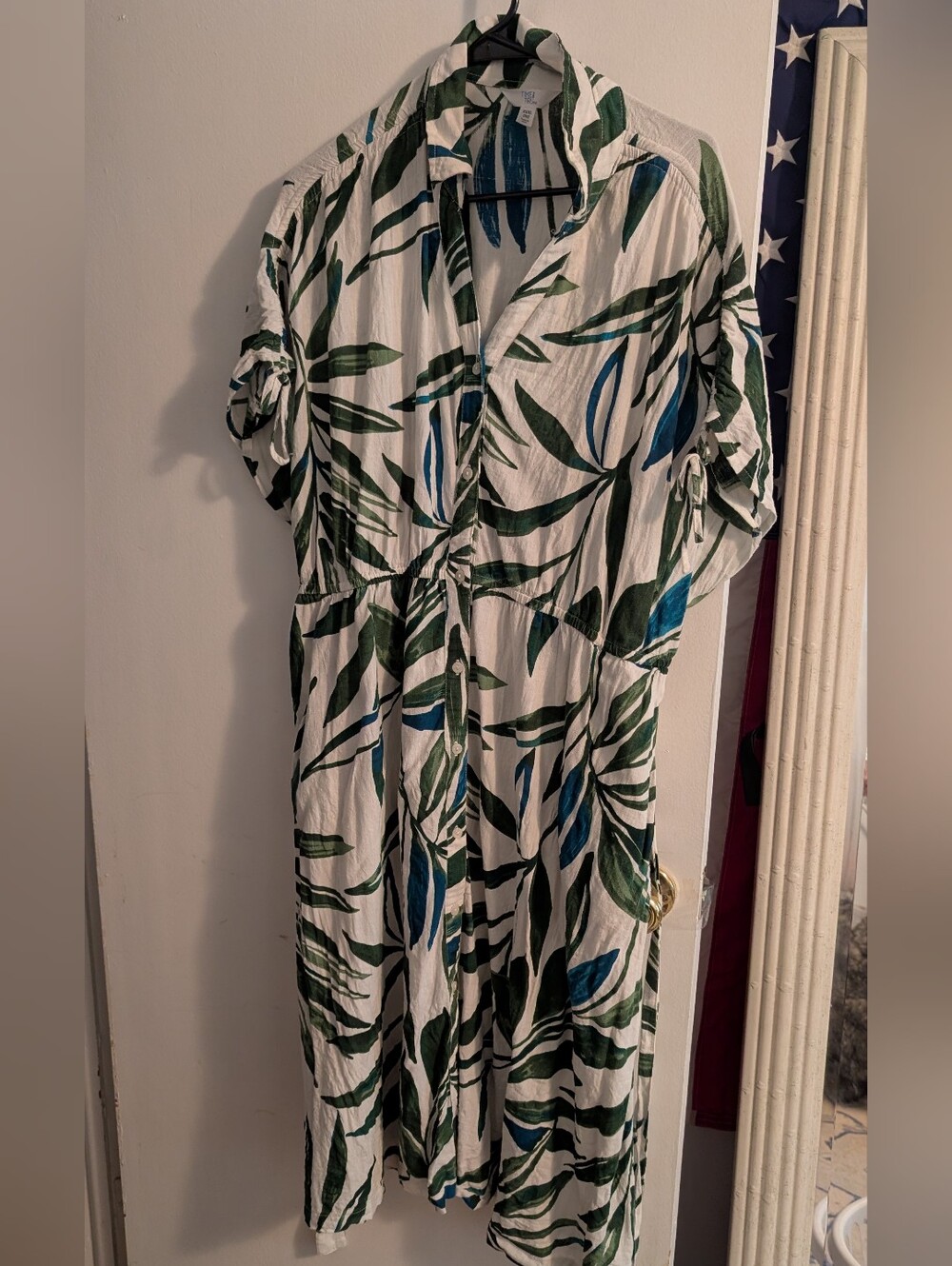 Time and Tru White Midi Dress with Green & Blue Leaf Print